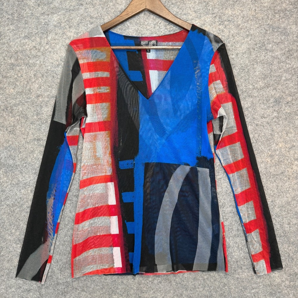 Petit Pois Viviana G Colorful Geometric Top Womens XL Sheer Mesh Red Blue V Neck